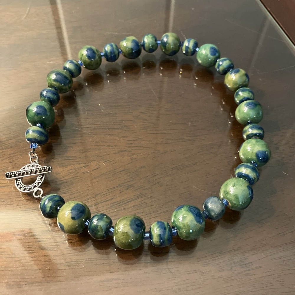 Stunning Kutani Choker Necklace Blue/green With Sterling Silver Clasp 15" Long
